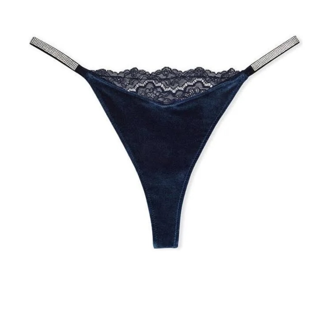 Victorias Secret ANGELS Lace & Velvet Shine Strap Rhinestone V-String thong navy - Picture 9 of 11
